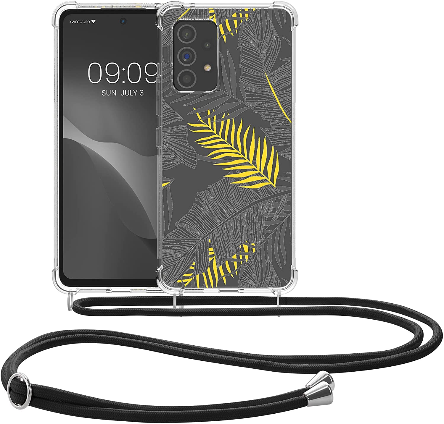 KW Samsung Galaxy A53 5G Θήκη Σιλικόνης TPU με Λουράκι Design Palm Leaves - Διάφανη / Yellow / Grey - 58234.01