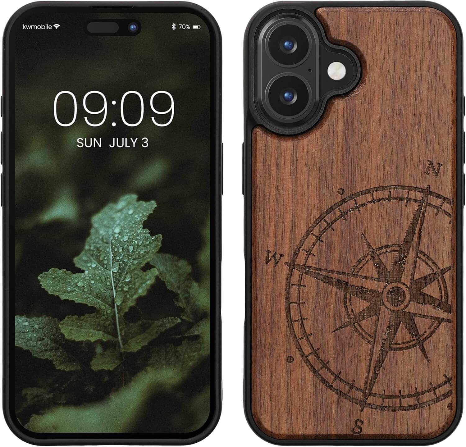 KW iPhone 16 Θήκη από Φυσικό Ξύλο - Design Vintage Compass - Dark Brown
