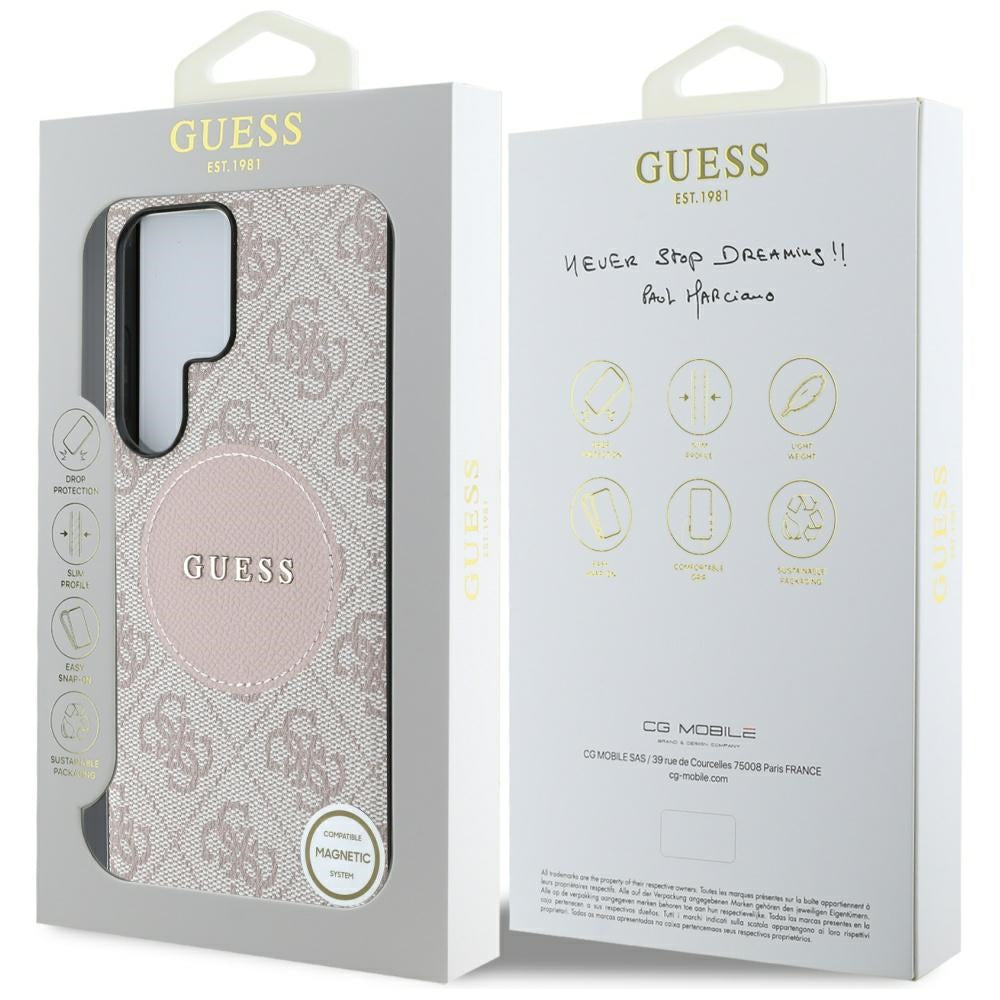 Guess Samsung Galaxy S25 Ultra - 4G Round Patch Classic Logo - Θήκη με Επένδυση Συνθετικού Δέρματος και MagSafe - Pink - GUHMS25LP4PGRSGP