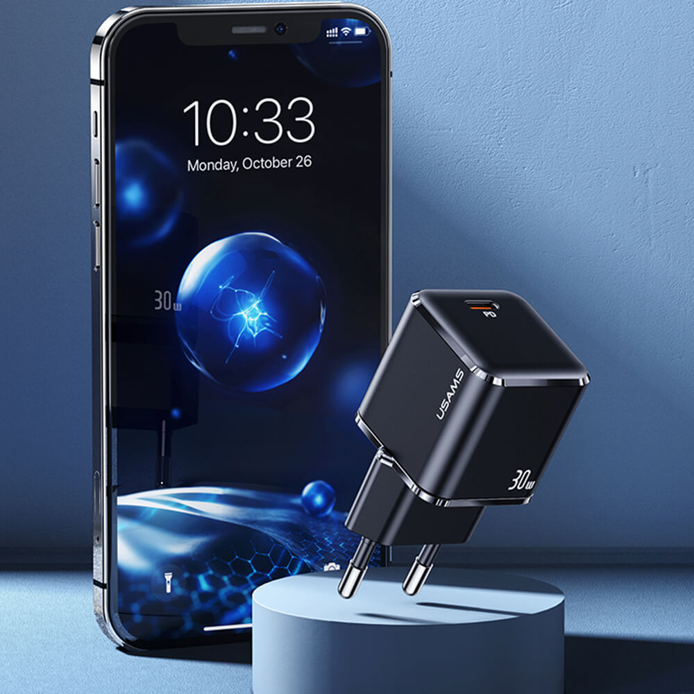 Usams Travel Charger Kit 30W Οικιακός Φορτιστής με Θύρα Type-C και καλώδιο Type-C to Lightning 20W - Black - UXTZH01