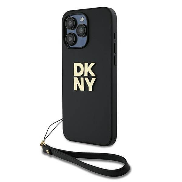 DKNY iPhone 15 Pro Max - Wrist Strap Stock Logo - Σκληρή Θήκη με Επένδυση Συνθετικού Δέρματος με Λουράκι - Black