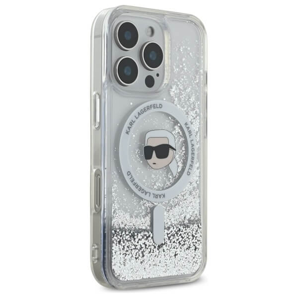 Karl Lagerfeld iPhone 16 Pro Max - Liquid Glitter Karl Head - MagSafe Σκληρή Θήκη με Πλαίσιο Σιλικόνης - Διάφανη - KLHMP16XLGKISGH