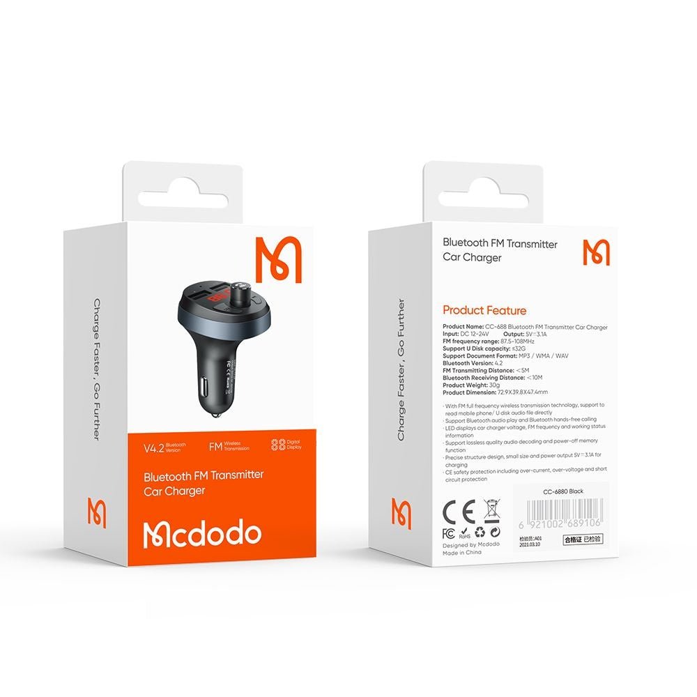 Mcdodo FM Transmitter για Αναπαραγωγή Μουσικής / Κλήσεις / Φόρτιση Κινητών στο Αυτοκίνητο - CC - 6880 - Black