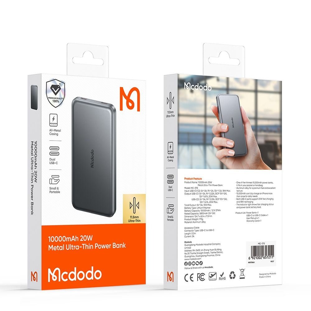 Mcdodo PowerBank 10000mAh 20W με 2 Θύρες Type - C - Meta Series MC - 3781 - Black