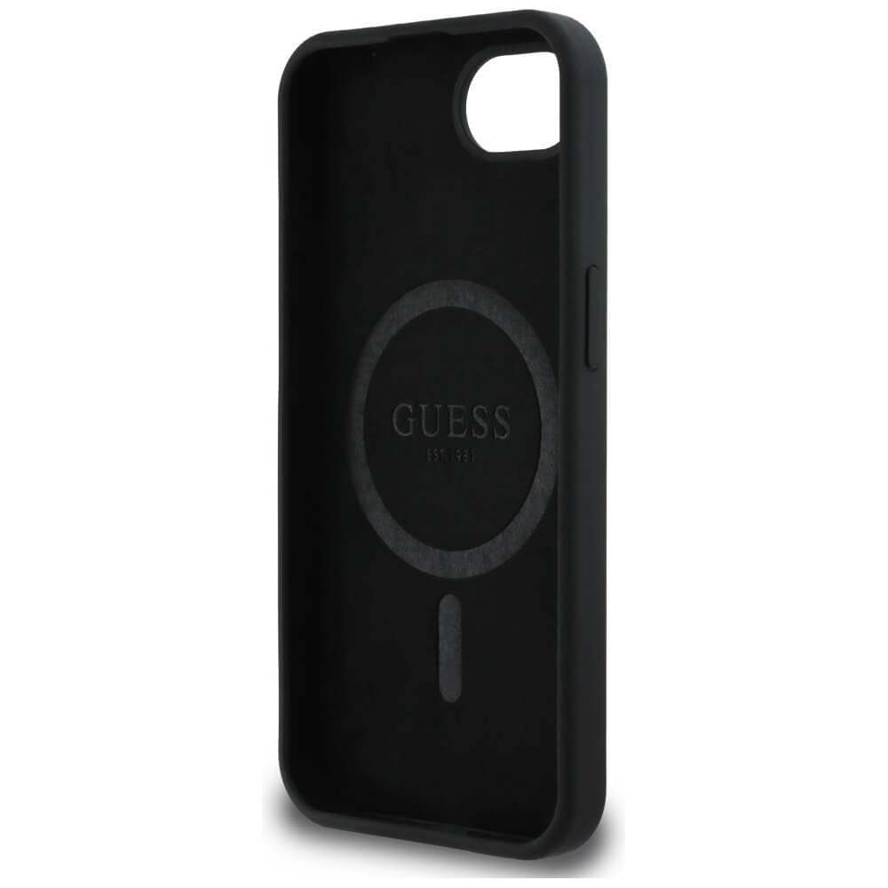 Guess iPhone 16e - Silicone Script Metal Logo - MagSafe Σκληρή Θήκη με Πλαίσιο Σιλικόνης - Black - GUHMPSE4SMBSLK