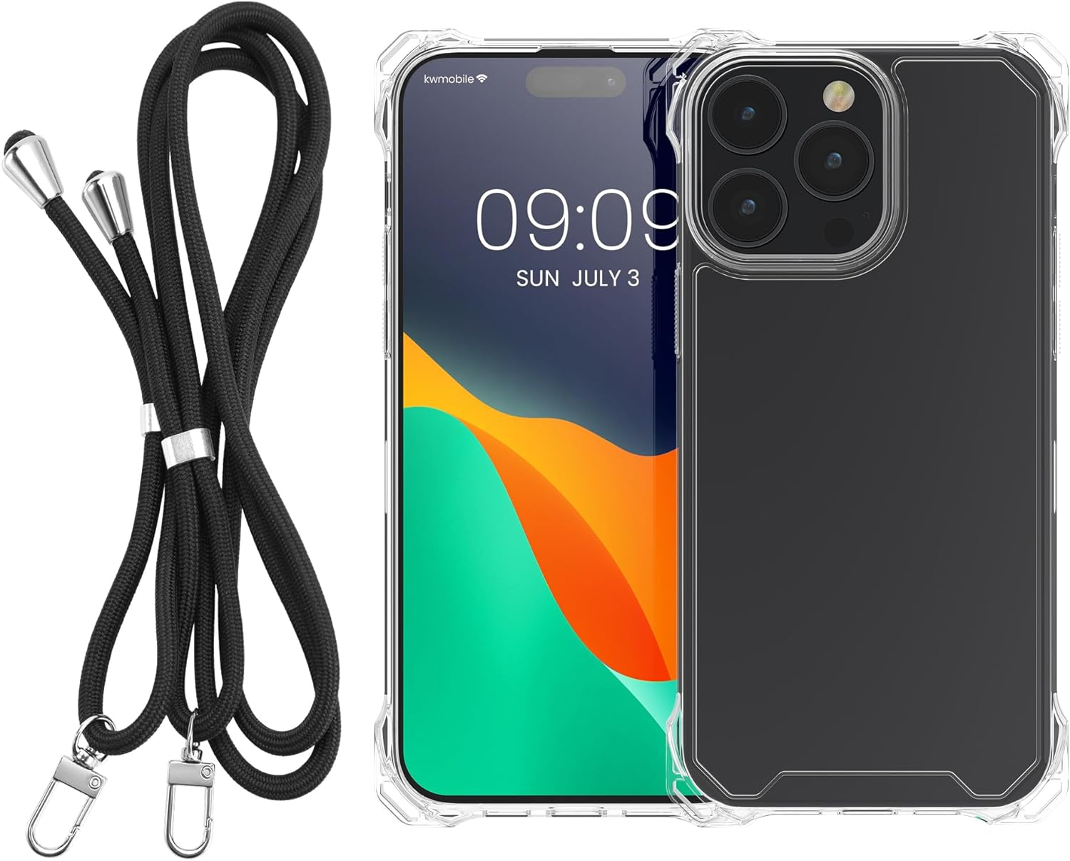 KW iPhone 15 Pro Max Σκληρή Θήκη με Πλαίσιο Σιλικόνης και Λουράκι - Διάφανη / Black - 62040.01