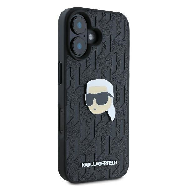 Karl Lagerfeld iPhone 16 - Monogram Karl Head Pin Σκληρή Θήκη με Επένδυση Συνθετικού Δέρματος - Black - KLHCP16SPGKLKIPK