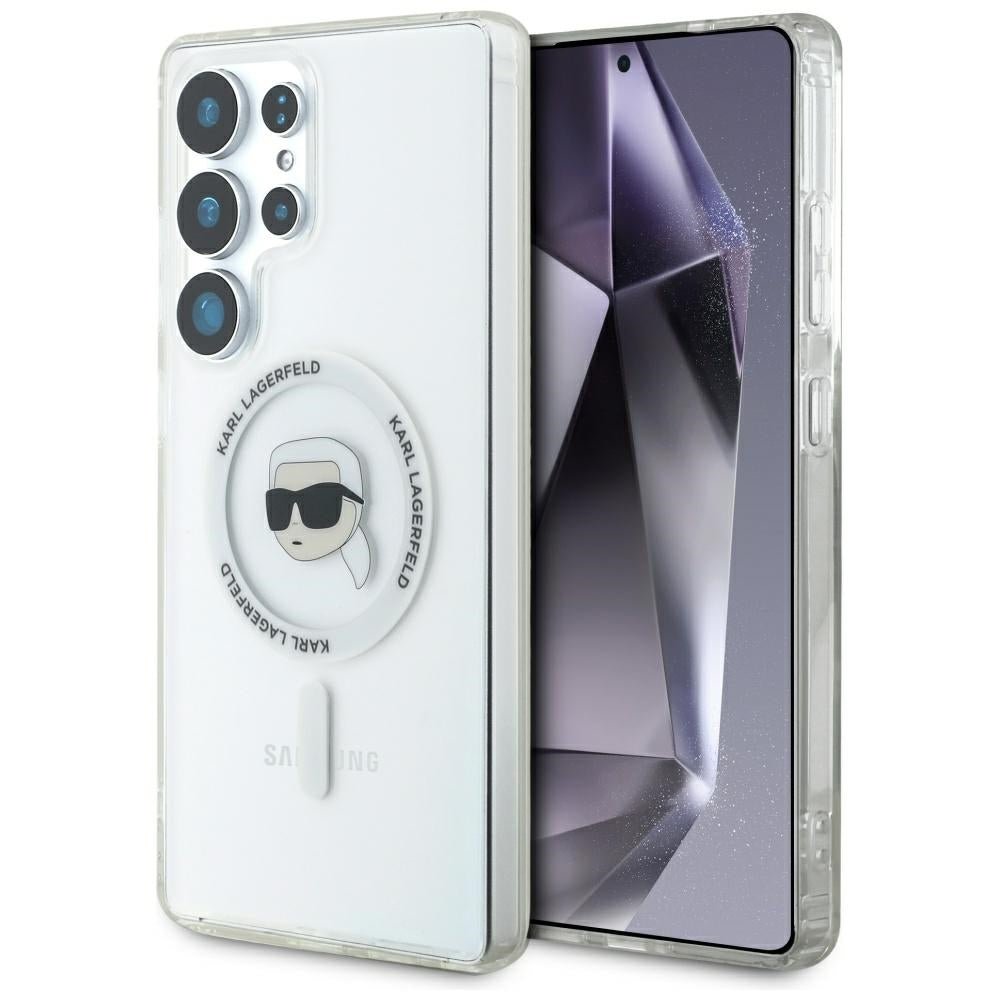 Karl Lagerfeld Samsung Galaxy S25 Ultra - Button Karl Head Printed Logo - MagSafe Σκληρή Θήκη με Πλαίσιο Σιλικόνης - White - KLHMS25LHLSKIH
