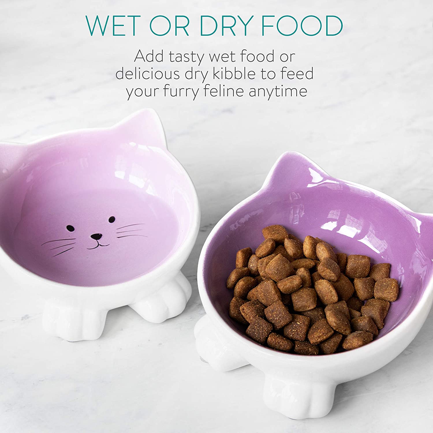 Navaris Cat Bowls with Ears Set of 2 - Σετ με 2 Μπολ Φαγητού και Νερού 130ml σε Σχήμα Γάτας - Purple / Pink - 50736.45