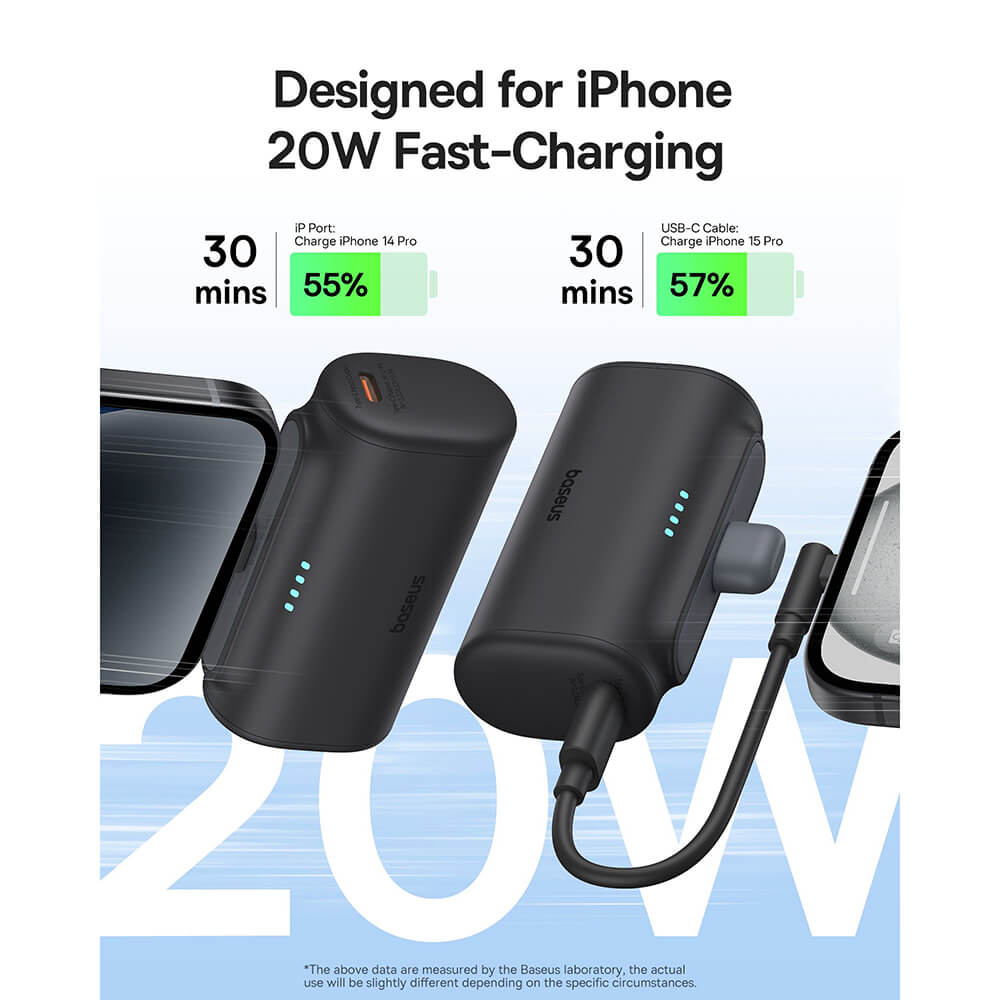 Baseus Compact Series Lightning - PowerBank 5000mAh 20W με Καλώδιο Type-C to Type-C - Black - P10068307113-00