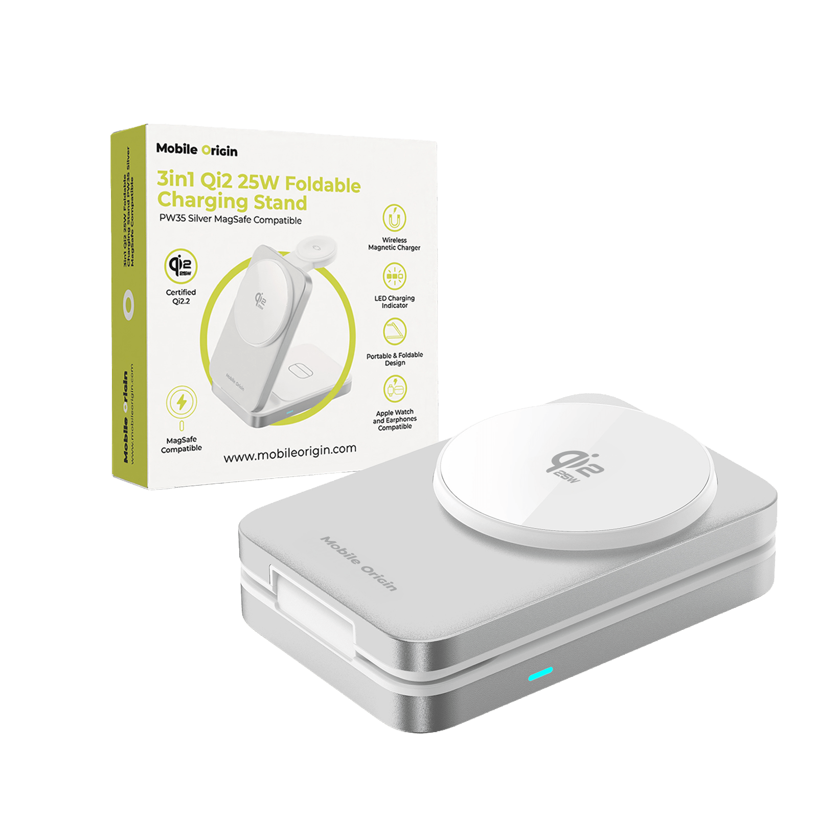 Mobile Origin - 3in1 Αναδιπλούμενος Ασύρματος MagSafe Qi2 Φορτιστής 25W - PW35 - Silver