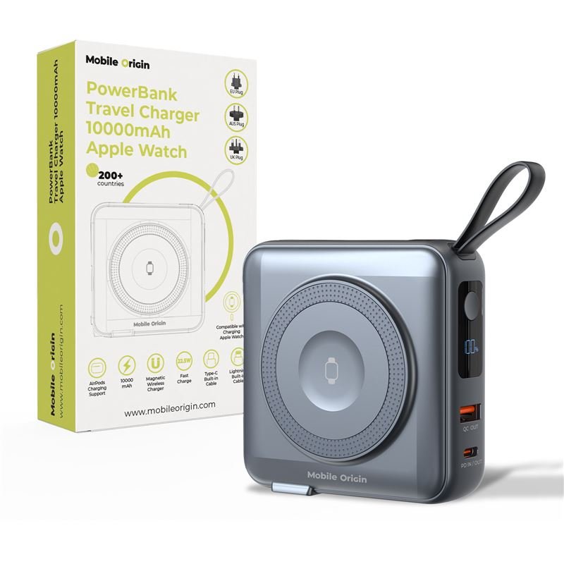 Mobile Origin - 3in1 Ασύρματο MagSafe PowerBank 10.000mAh και Φορτιστής Ταξιδίου με Ενσωματωμένα Καλώδια Lightning και Type - C και Εναλλάξιμα Βύσματα - Grey