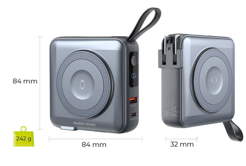 Mobile Origin - 3in1 Ασύρματο MagSafe PowerBank 10.000mAh και Φορτιστής Ταξιδίου με Ενσωματωμένα Καλώδια Lightning και Type - C και Εναλλάξιμα Βύσματα - Grey