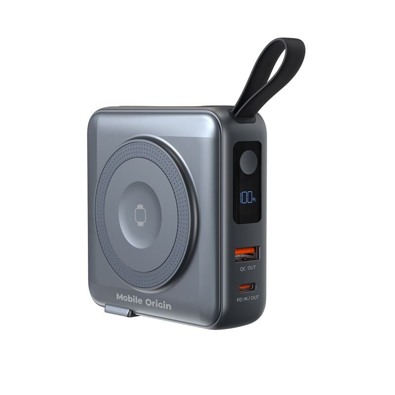 Mobile Origin - 3in1 Ασύρματο MagSafe PowerBank 10.000mAh και Φορτιστής Ταξιδίου με Ενσωματωμένα Καλώδια Lightning και Type - C και Εναλλάξιμα Βύσματα - Grey
