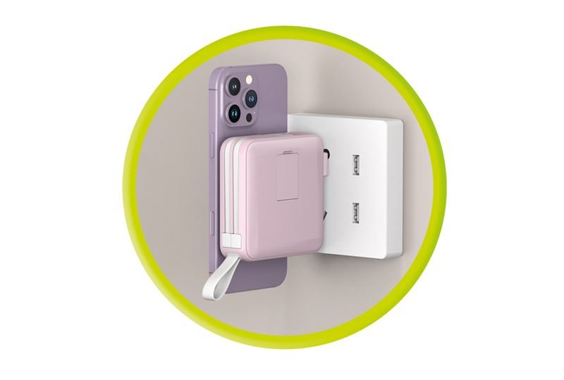 Mobile Origin - 3in1 Ασύρματο MagSafe PowerBank 10.000mAh και Φορτιστής Ταξιδίου με Ενσωματωμένα Καλώδια Lightning και Type - C και Εναλλάξιμα Βύσματα - Pink
