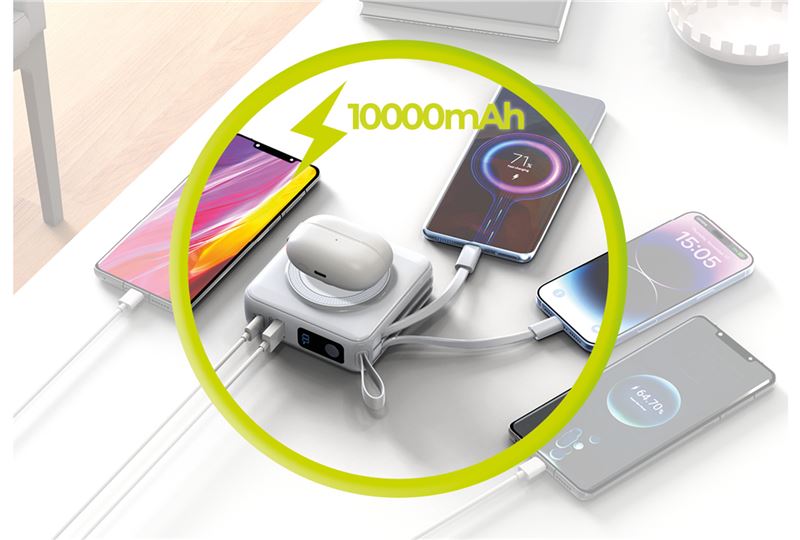 Mobile Origin - 3in1 Ασύρματο MagSafe PowerBank 10.000mAh και Φορτιστής Ταξιδίου με Ενσωματωμένα Καλώδια Lightning και Type - C και Εναλλάξιμα Βύσματα - White