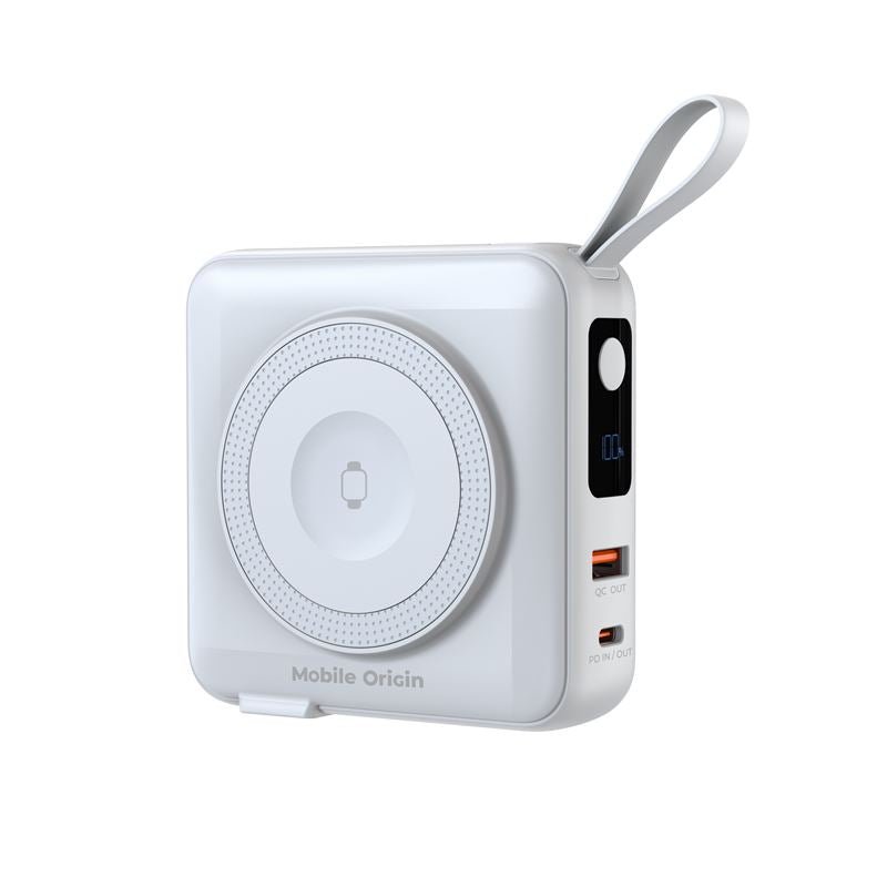 Mobile Origin - 3in1 Ασύρματο MagSafe PowerBank 10.000mAh και Φορτιστής Ταξιδίου με Ενσωματωμένα Καλώδια Lightning και Type - C και Εναλλάξιμα Βύσματα - White