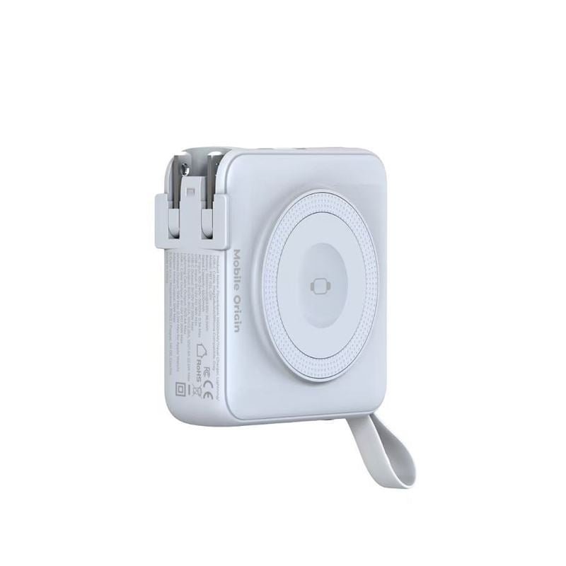 Mobile Origin - 3in1 Ασύρματο MagSafe PowerBank 10.000mAh και Φορτιστής Ταξιδίου με Ενσωματωμένα Καλώδια Lightning και Type - C και Εναλλάξιμα Βύσματα - White