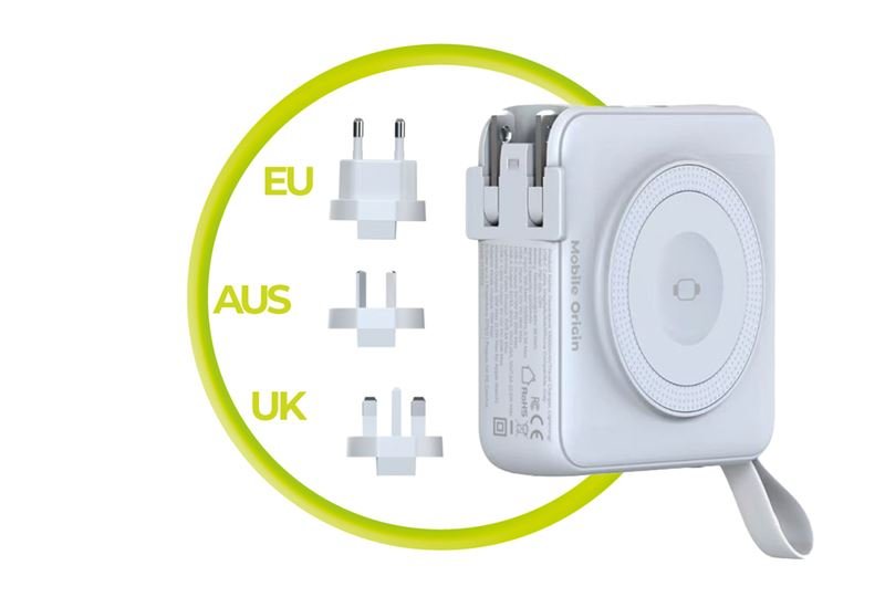Mobile Origin - 3in1 Ασύρματο MagSafe PowerBank 10.000mAh και Φορτιστής Ταξιδίου με Ενσωματωμένα Καλώδια Lightning και Type - C και Εναλλάξιμα Βύσματα - White