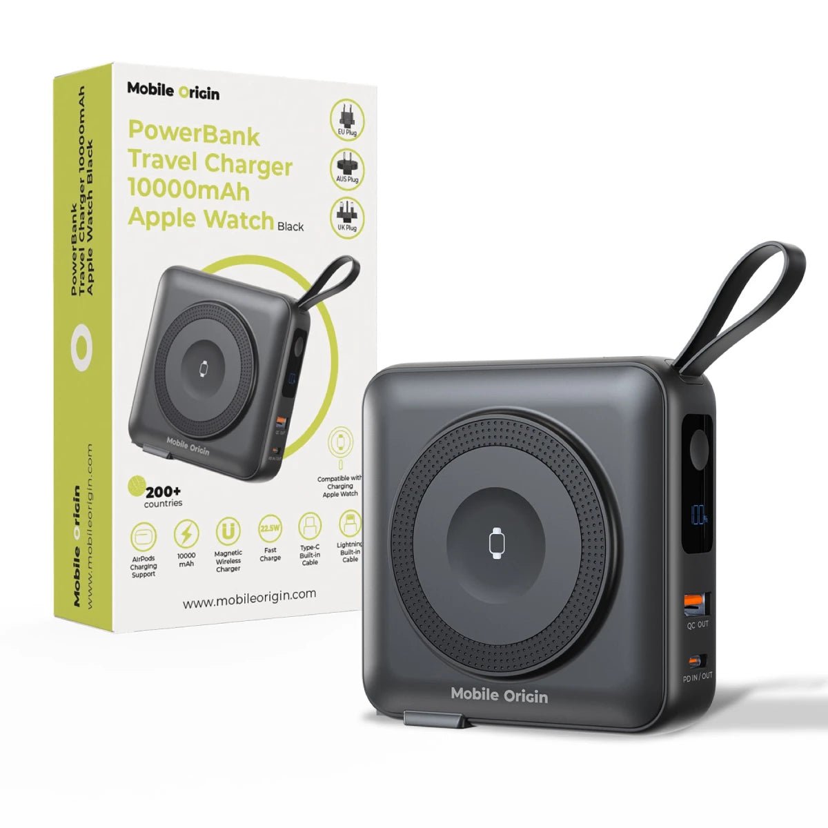 Mobile Origin - 3in1 Ασύρματο MagSafe PowerBank 10.000mAh και Φορτιστής Ταξιδίου με Ενσωματωμένα Καλώδια Lightning και Type - C και Εναλλάξιμα Βύσματα - Black