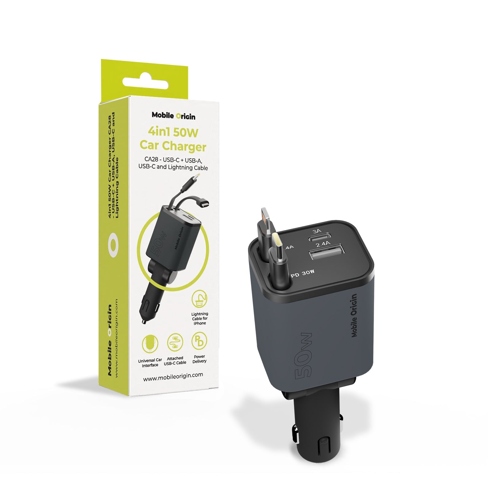 Mobile Origin Φορτιστής Αυτοκινήτου 50W με Θύρες Type - C και USB και Ενσωματωμένα Καλώδια Type - C και Lightning - CA28 - Space Grey