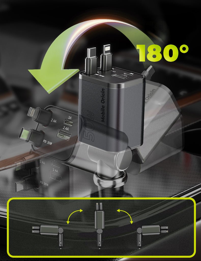 Mobile Origin Φορτιστής Αυτοκινήτου 50W με Θύρες Type - C και USB και Ενσωματωμένα Καλώδια Type - C και Lightning - CA28 - Space Grey