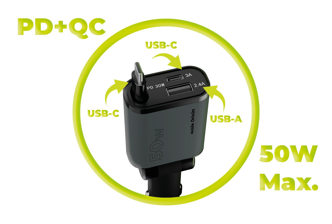 Mobile Origin Φορτιστής Αυτοκινήτου 50W με Θύρες Type - C και USB και Ενσωματωμένο Καλώδιο Type - C - CA27 - Space Grey