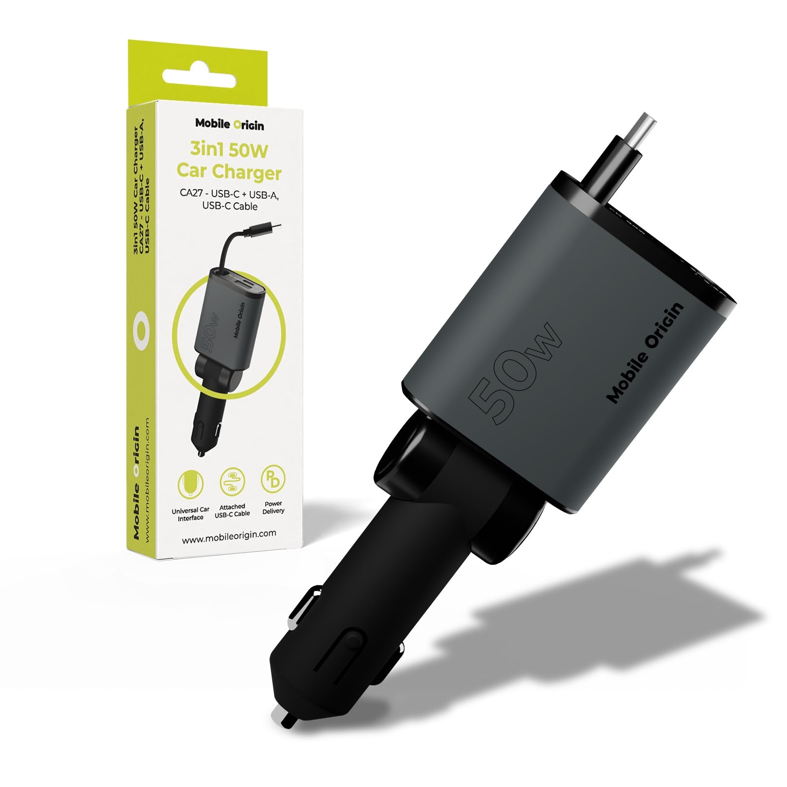 Mobile Origin Φορτιστής Αυτοκινήτου 50W με Θύρες Type - C και USB και Ενσωματωμένο Καλώδιο Type - C - CA27 - Space Grey