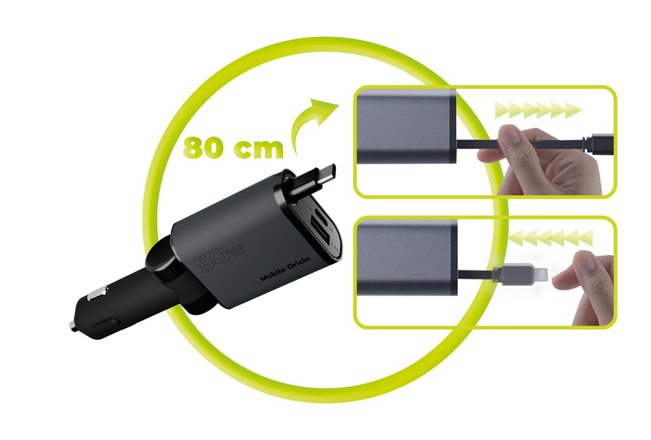 Mobile Origin Φορτιστής Αυτοκινήτου 50W με Θύρες Type - C και USB και Ενσωματωμένο Καλώδιο Type - C - CA27 - Space Grey