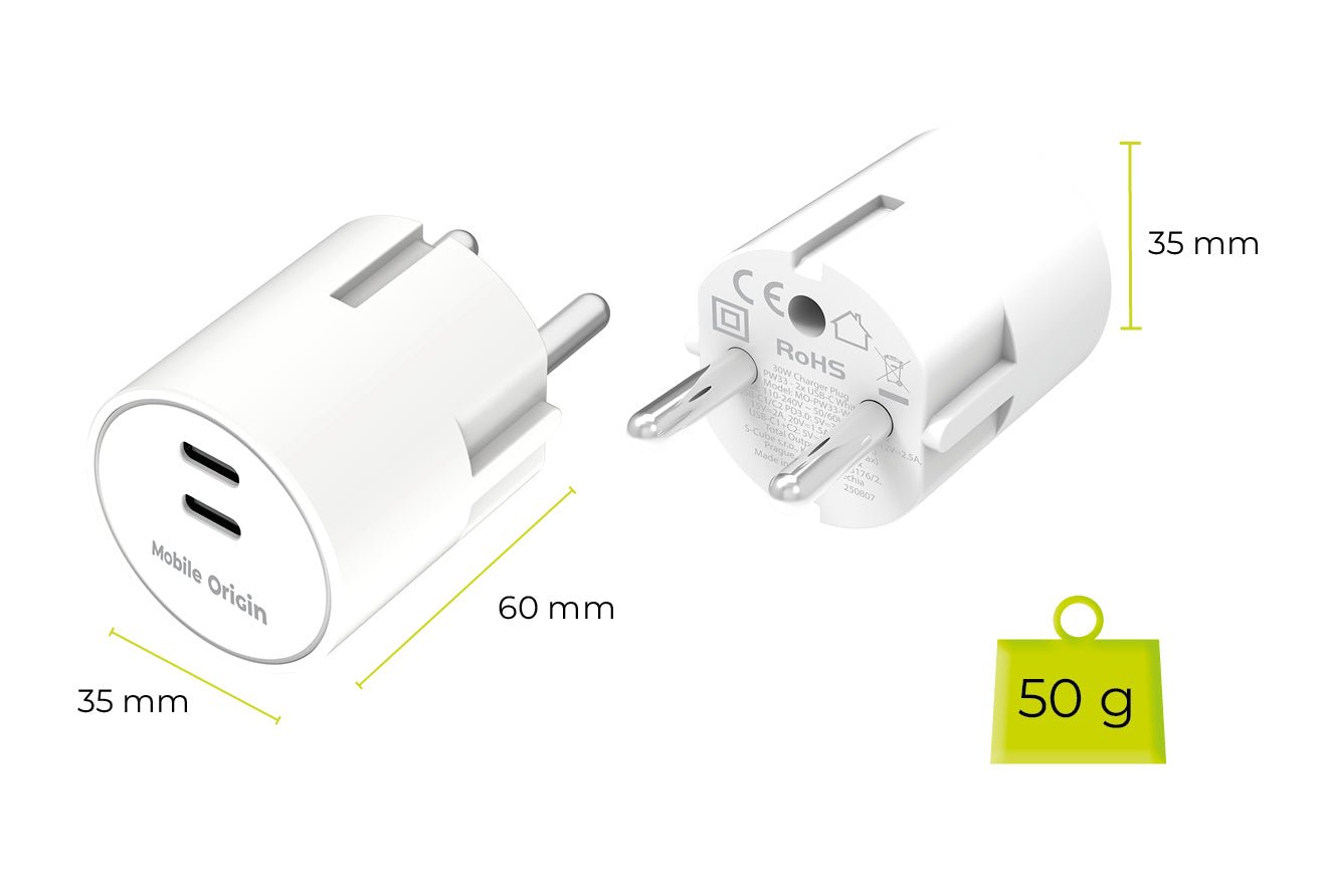 Mobile Origin Φορτιστής Γρήγορης Φόρτισης 30W GaN με 2 Θύρες Type - C - PW33 - White