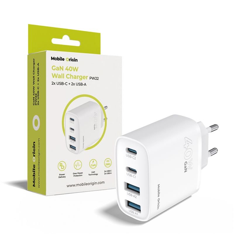 Mobile Origin Φορτιστής Γρήγορης Φόρτισης 40W GaN με 2 Θύρες Type - C και 2 Θύρες USB - PW22 - White