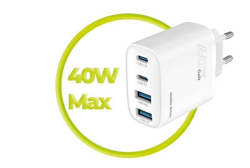 Mobile Origin Φορτιστής Γρήγορης Φόρτισης 40W GaN με 2 Θύρες Type - C και 2 Θύρες USB - PW22 - White