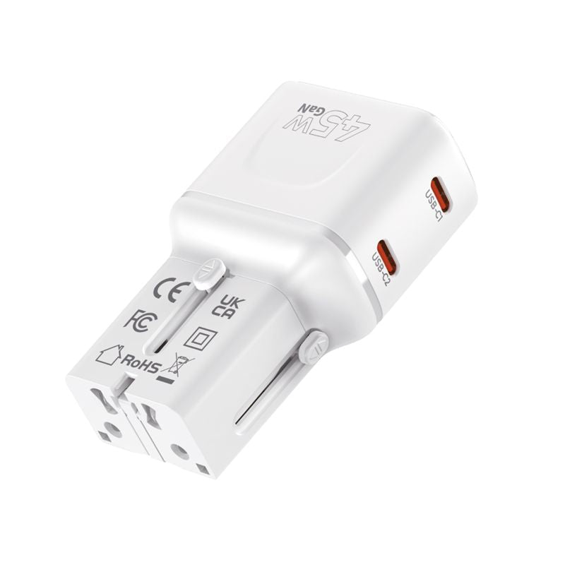 Mobile Origin Φορτιστής Ταξιδίου 2 Θυρών USB - C με Αντάπτορες Πρίζας EU/US/UK/AU - GaN 45W - Travel Adapter PW26 - White