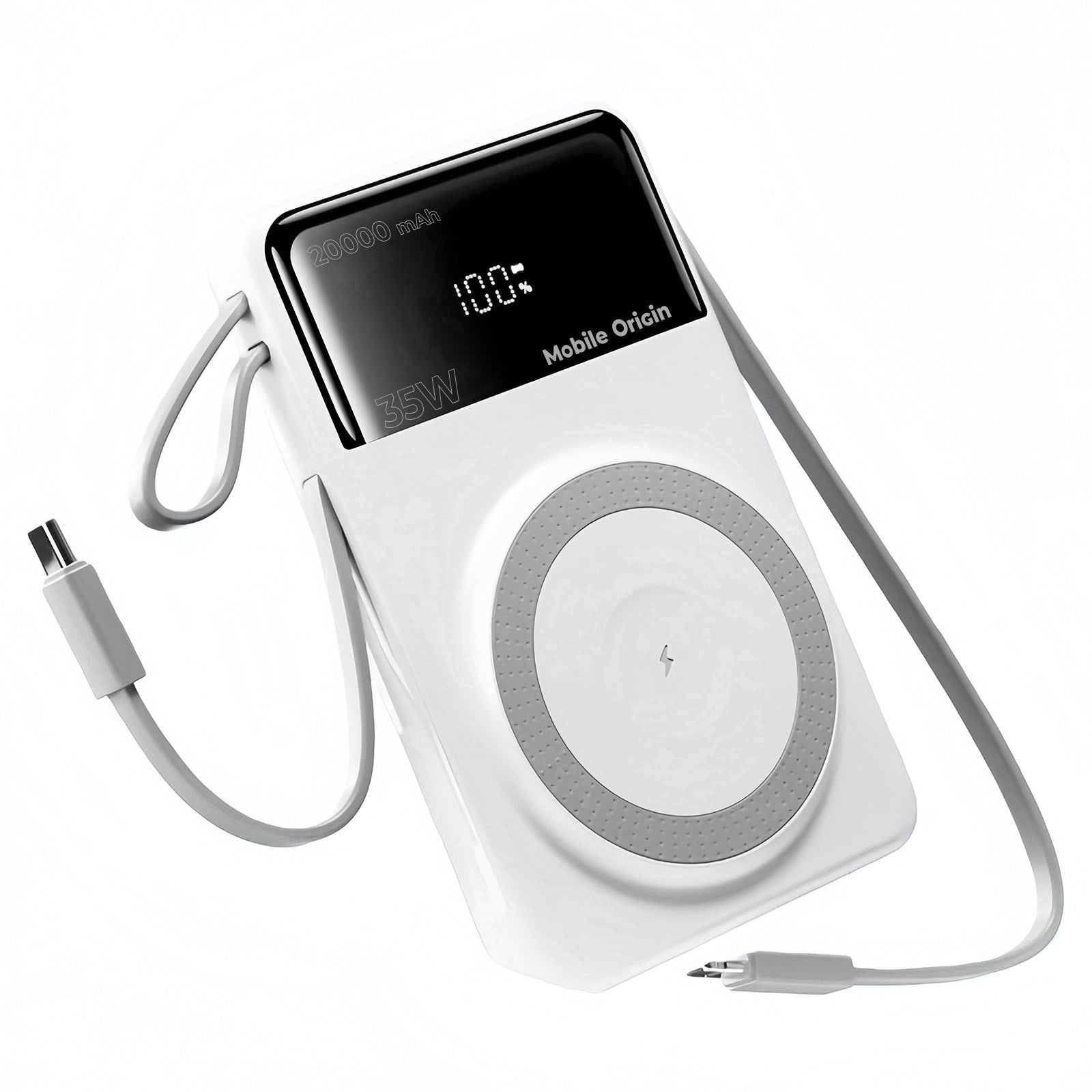 Mobile Origin - Μαγνητικό Ασύρματο MagSafe Power Bank Κινητού 20.000mAh με Ενσωματωμένα Καλώδια Lightning και Type - C - PB15 - White