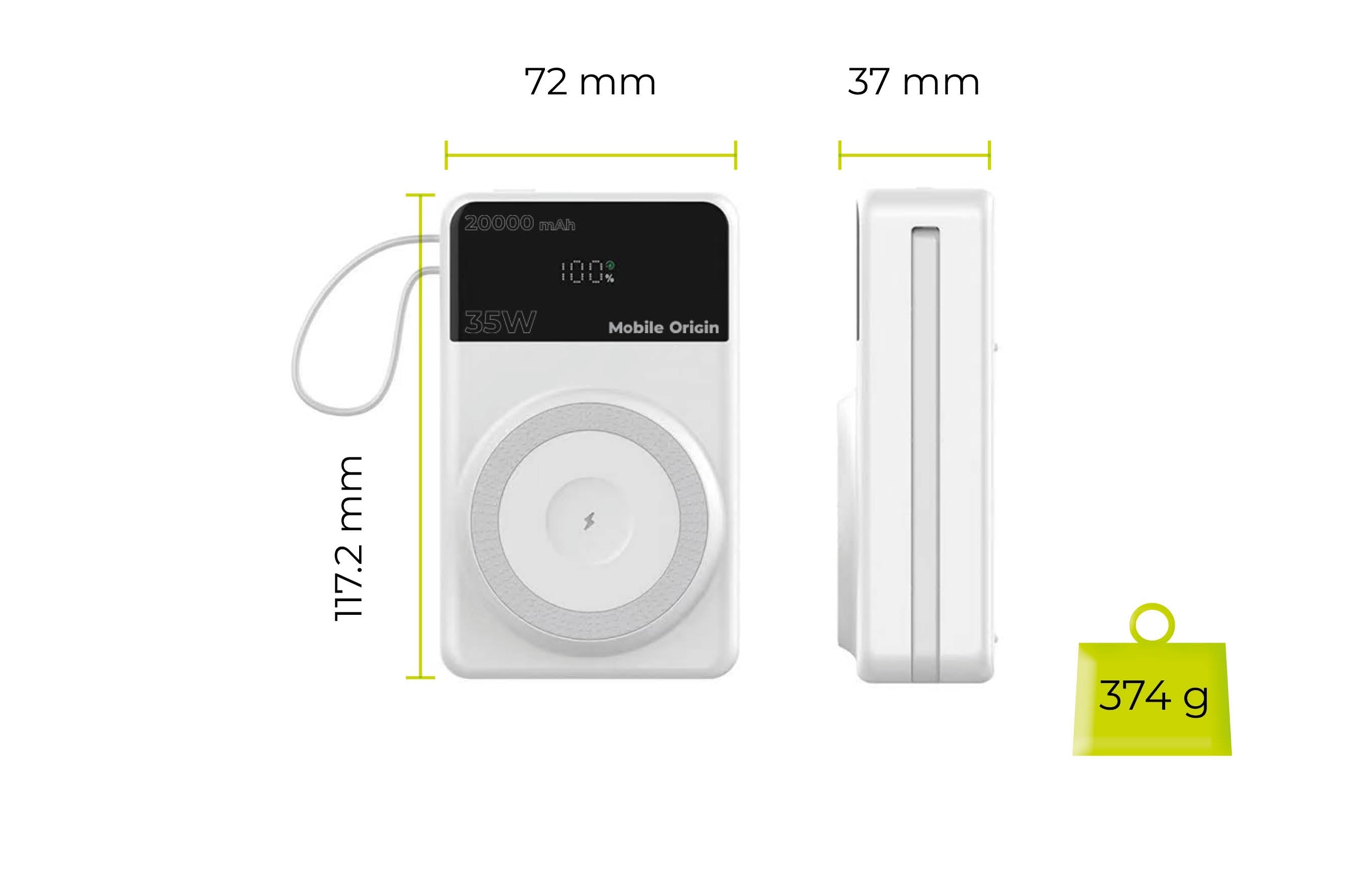 Mobile Origin - Μαγνητικό Ασύρματο MagSafe Power Bank Κινητού 20.000mAh με Ενσωματωμένα Καλώδια Lightning και Type - C - PB15 - White
