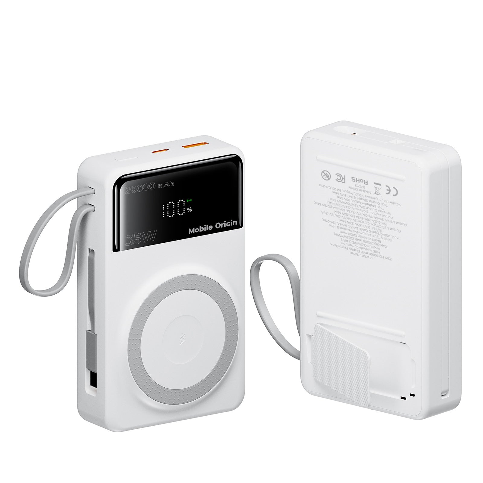 Mobile Origin - Μαγνητικό Ασύρματο MagSafe Power Bank Κινητού 20.000mAh με Ενσωματωμένα Καλώδια Lightning και Type - C - PB15 - White