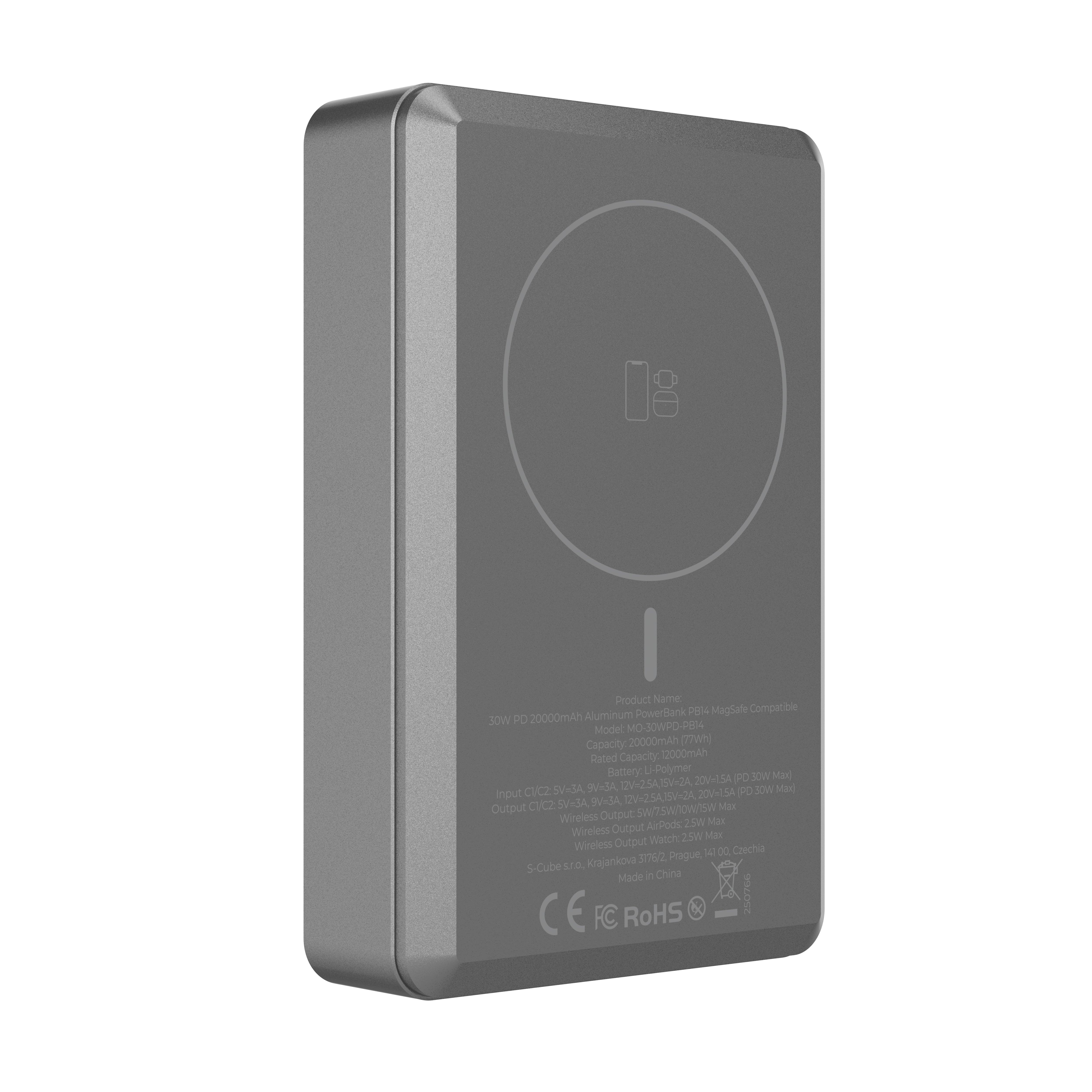 Mobile Origin - Μαγνητικό Ασύρματο MagSafe Power Bank Κινητού 30W 20.000mAh με 2 Θύρες Type - C - Aluminum PB14 - Grey