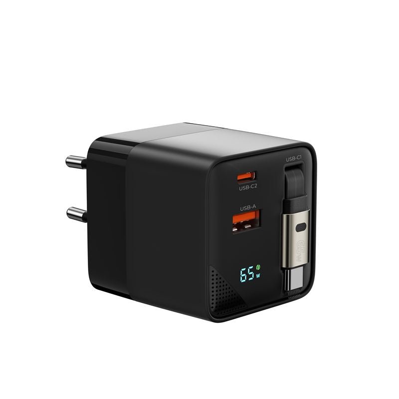 Mobile Origin Οικιακός Φορτιστής Γρήγορης Φόρτισης 65W GaN με 1 Θύρα Type - C, 1 Θύρα USB και Καλώδιο Type - C - PW2 - Black