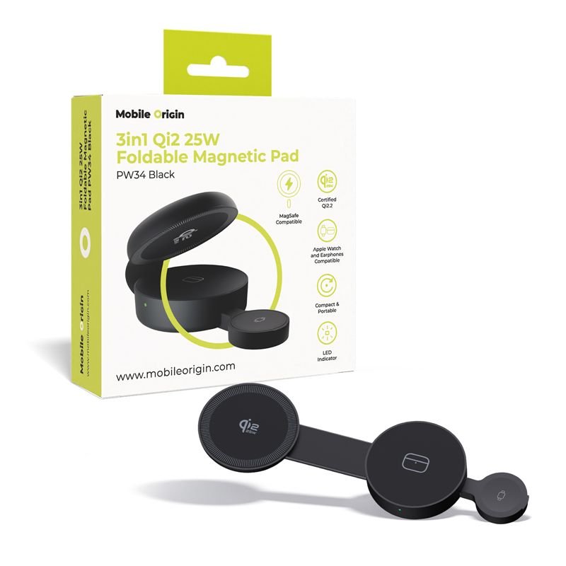 Mobile Origin PW34 - 3in1 Αναδιπλούμενος Ασύρματος MagSafe Qi2 Φορτιστής 25W - Black