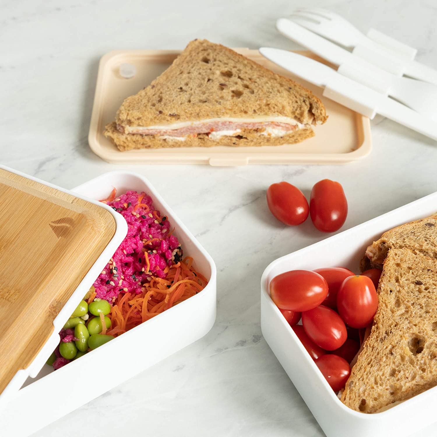Navaris Bento Box Set Δύο Δοχεία Φαγητού με Μαχαιροπίρουνα και Καπάκι από Μπαμπού - 1.2L - White - 47407.01.16