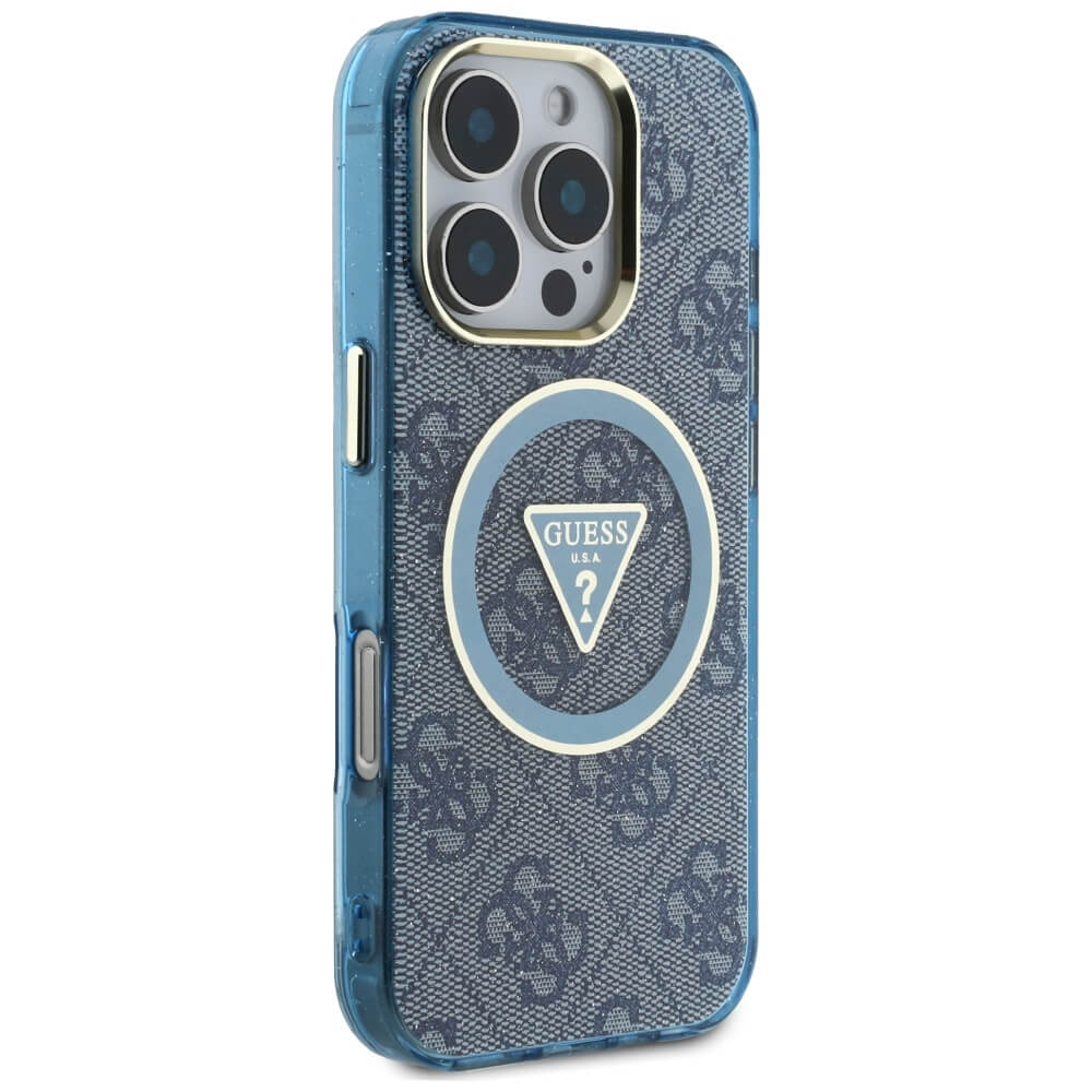 Guess iPhone 16 Pro Max - IML Metal Glitter 4G Circle Triangle MagSafe - Σκληρή Θήκη με Πλαίσιο Σιλικόνης και MagSafe - Blue - GUHMP16XHG4PRTGB