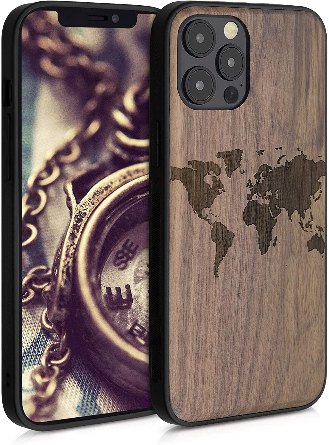 KW iPhone 12 Pro Max Θήκη από Φυσικό Ξύλο Design Travel Outline - Dark Brown - 52736.02