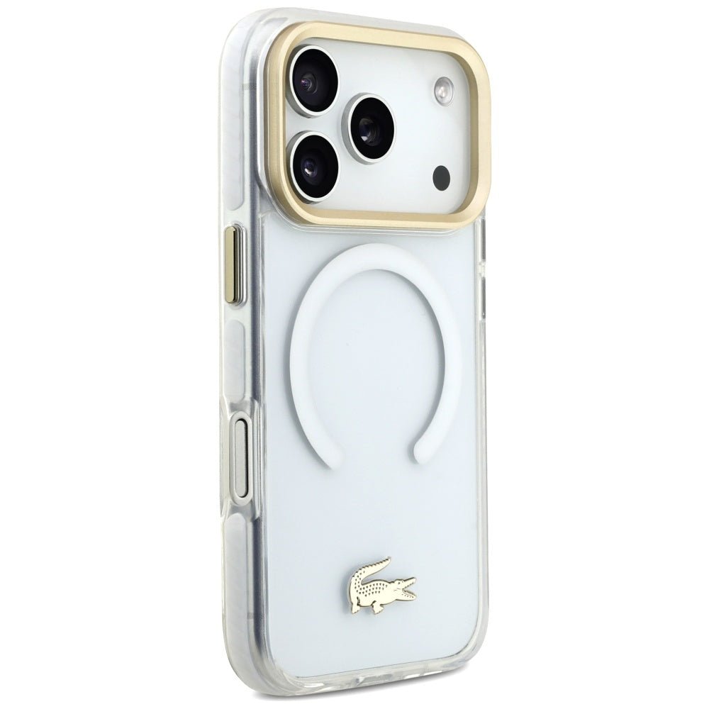 Lacoste iPhone 17 Pro - Shockproof Transparent Frosted Gold Logo MagSafe - Σκληρή Θήκη με Πλαίσιο Σιλικόνης - White