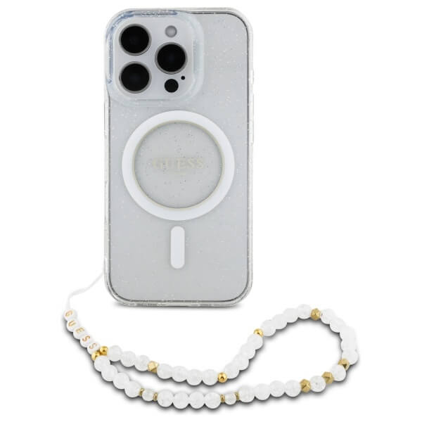 Guess iPhone 16 Pro - IML Glitter With Pearl Strap MagSafe - Σκληρή Θήκη με Πλαίσιο Σιλικόνης και Λουράκι - Διάφανη - GUHMP16LHGCRELST