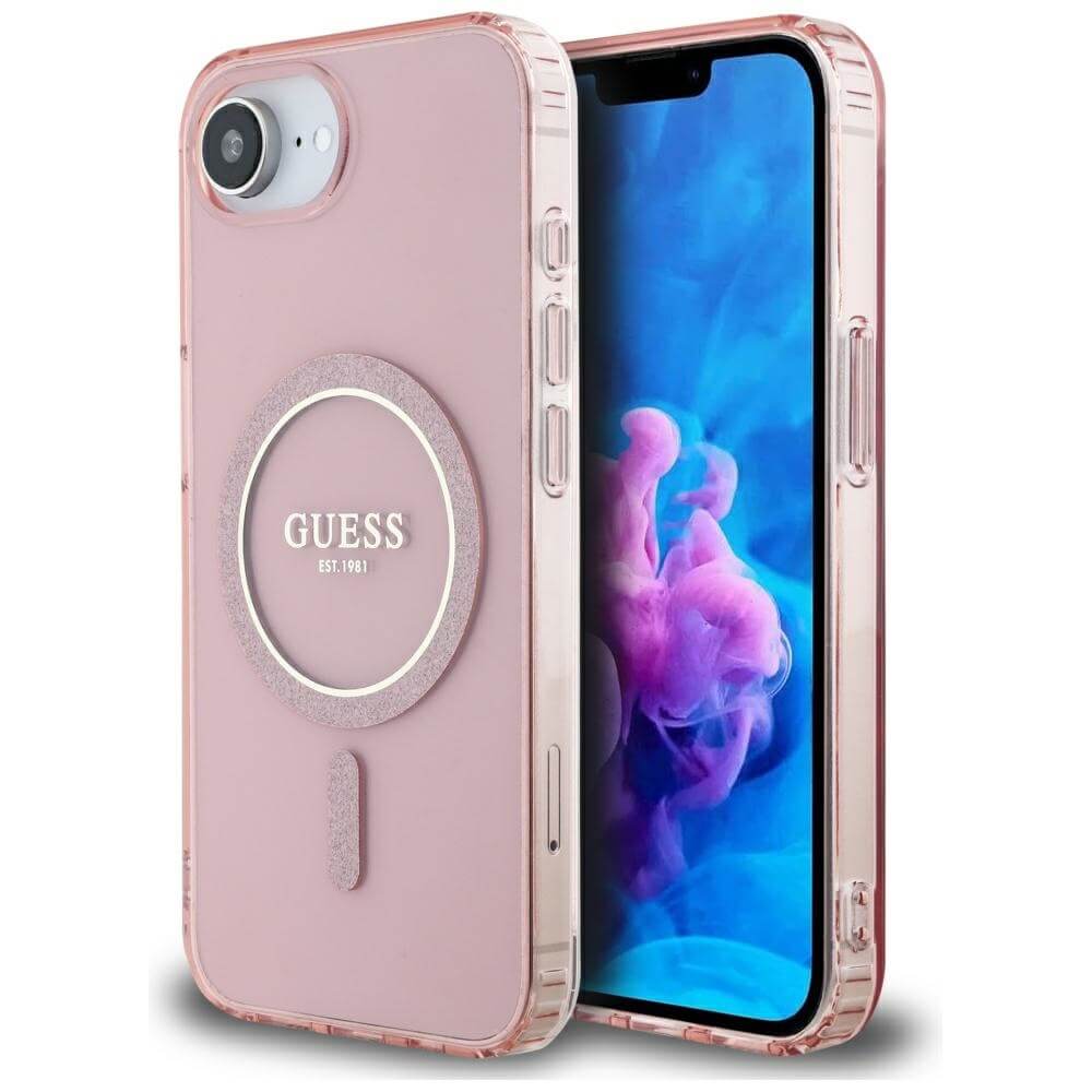 Guess iPhone 16e - IML Glitter Circle MagSafe - Σκληρή Θήκη με Πλαίσιο Σιλικόνης - Pink - GUHMPSE4HFGEREP