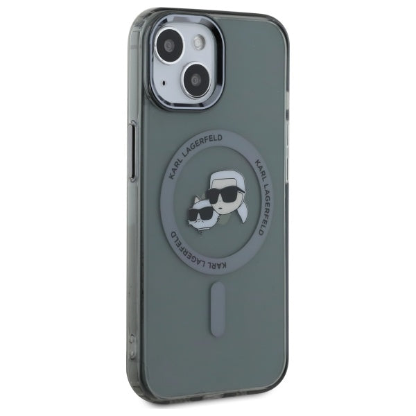Karl Lagerfeld iPhone 15 - IML Metal Karl and Choupette Head - Σκληρή Θήκη με Πλαίσιο Σιλικόνης και MagSafe - Black - KLHMP15SHLSKCK