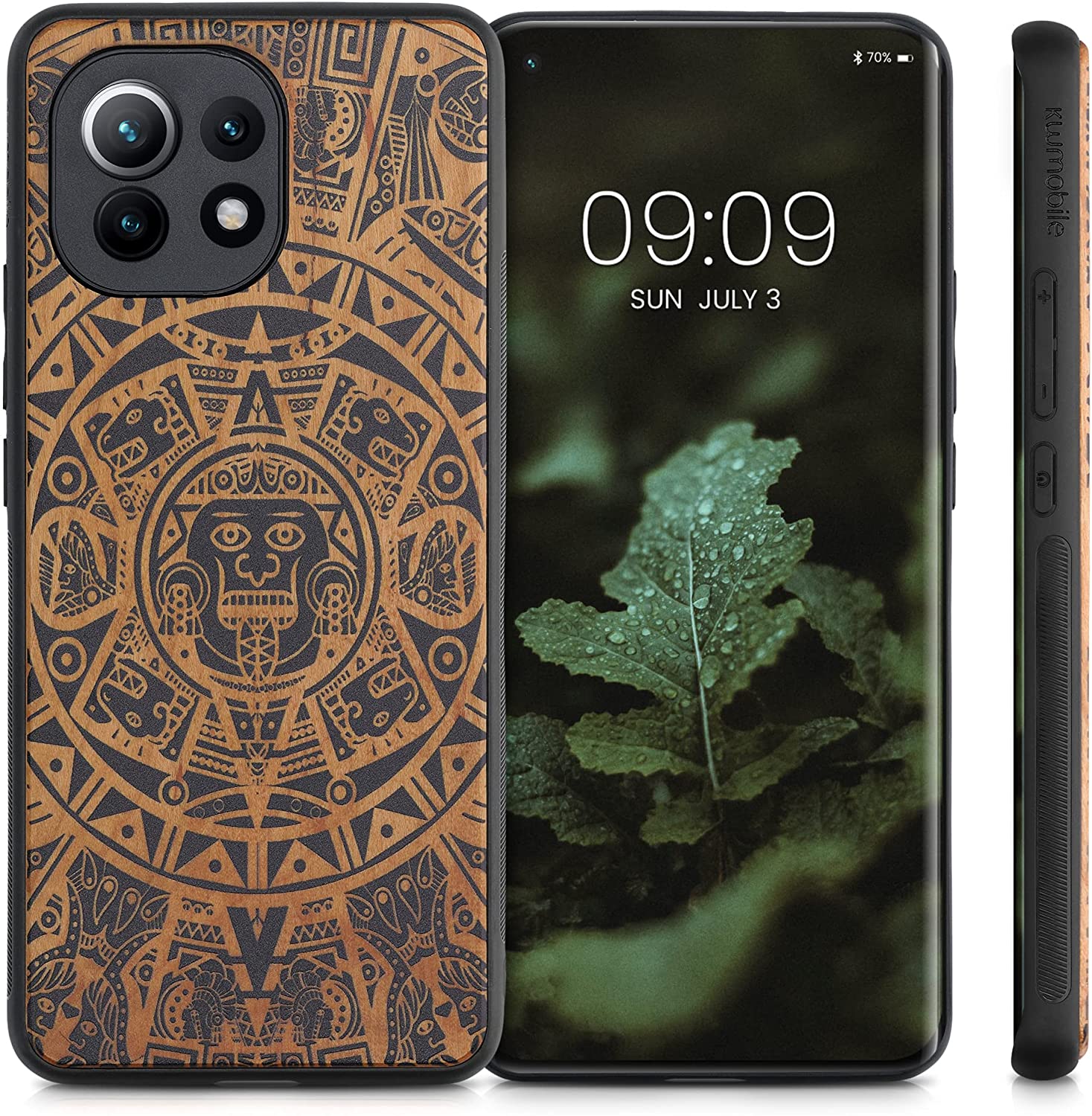 KW Xiaomi Mi 11 Θήκη από Φυσικό Ξύλο - Design Maya Calendar Art - Light Brown / Black - 54662.03