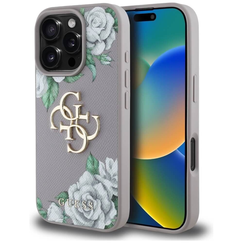 Guess iPhone 16 Pro - Grained Roses Big 4G Logo - Σκληρή Θήκη με Επένδυση από Οικολογικό Δέρμα - Purple - GUHCP16LPGROP4MU