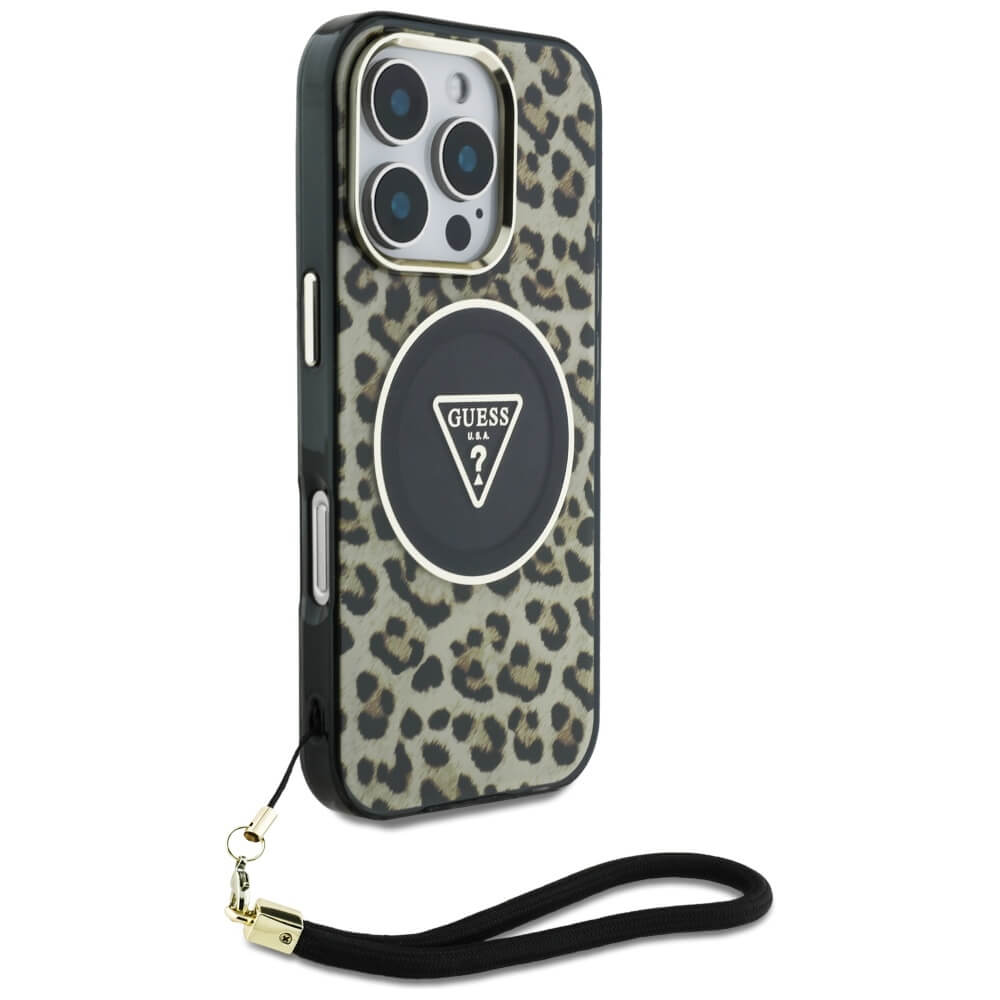 Guess iPhone 16 Pro - HC IML Leopard Triangle Cord Strap MagSafe - Σκληρή Θήκη με Πλαίσιο Σιλικόνης και Λουράκι - Brown - GUHMP16LHLORSSW