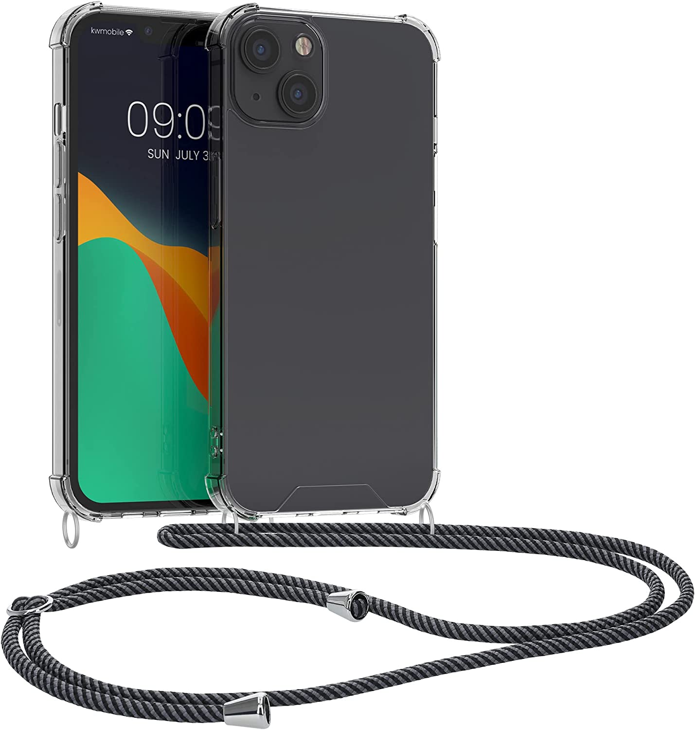 KW iPhone 13 Θήκη Σιλικόνης TPU με Λουράκι - Διάφανη / Anthracite Black - 55949.73